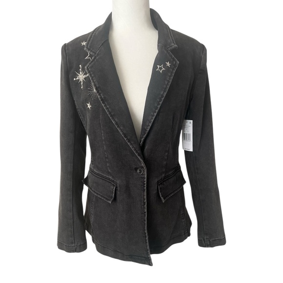 DRIFTWOOD Washed Black Celestial Embroidered Denim Jacket Pockets XS Reg. $218 - Picture 11 of 13